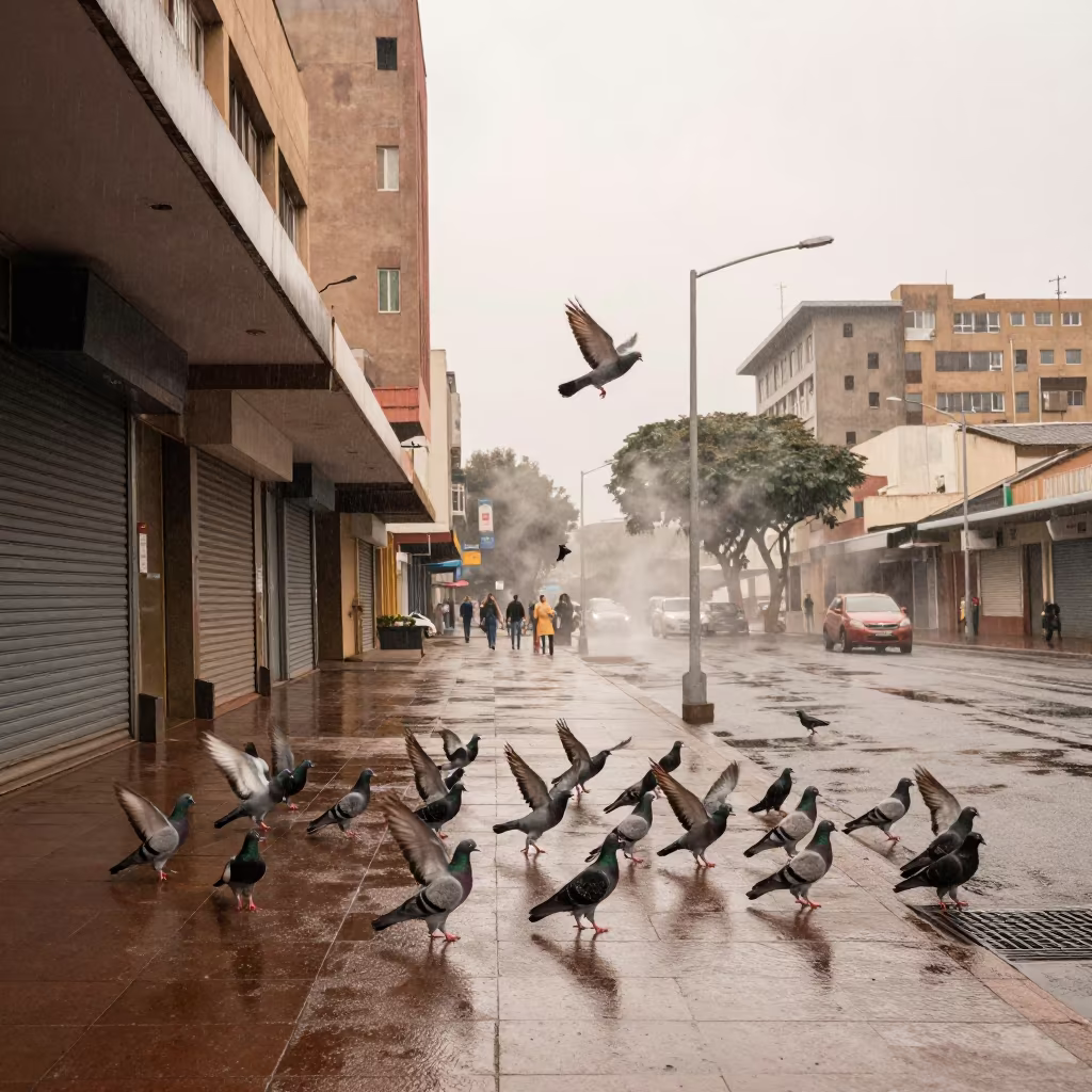 Pigeons Rise From Shuttered Arcade Dawn in along a shuttered arcade in Soweto