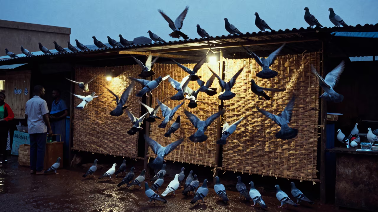 Pigeons Rising Above Bobo-Dioulasso Market Screens in at a market stall in Bobo-Dioulasso