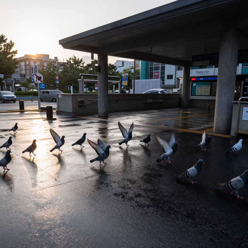 Pigeons Rising from Daegu Metro Dawn in outside a metro entrance in Daegu