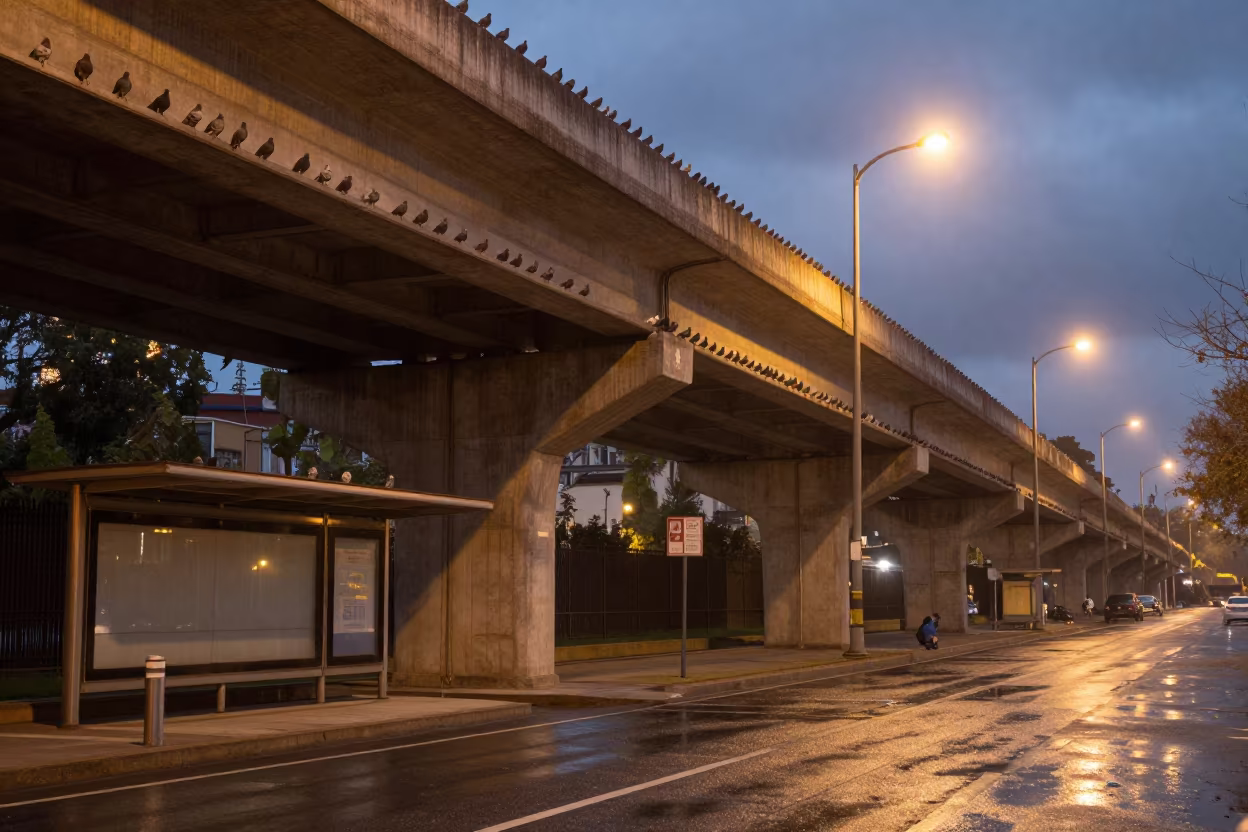 Pigeons Roost Under Amber Streetlights in Xian in beside a steamed-up bus shelter in Xian