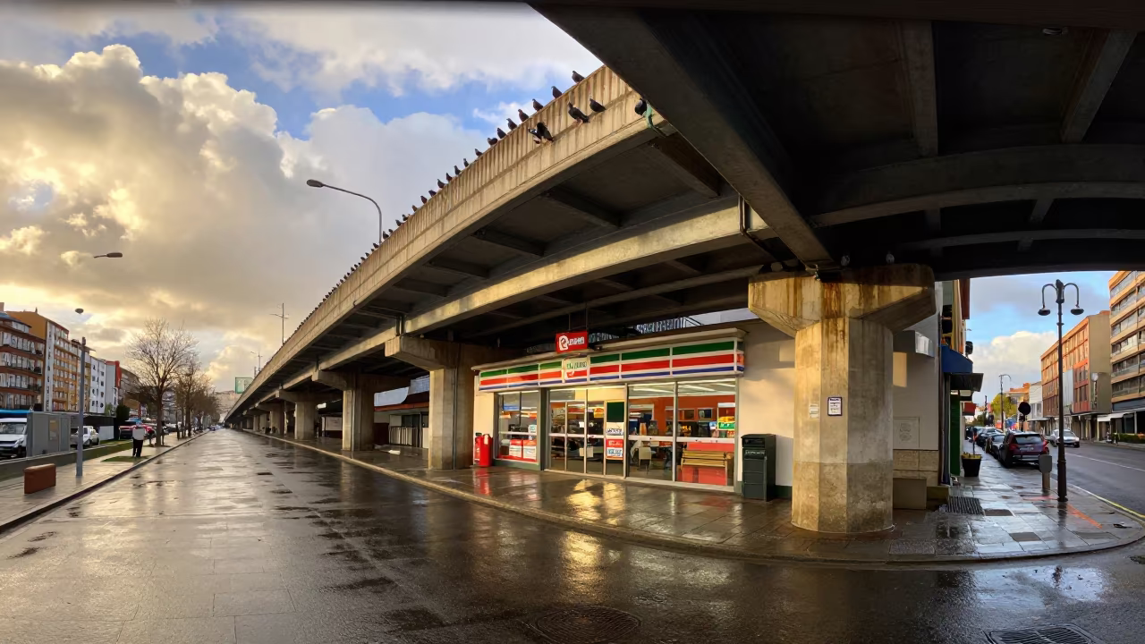 Pigeons Roosting Under Overpass in Santander in outside a fluorescent convenience store in Santander