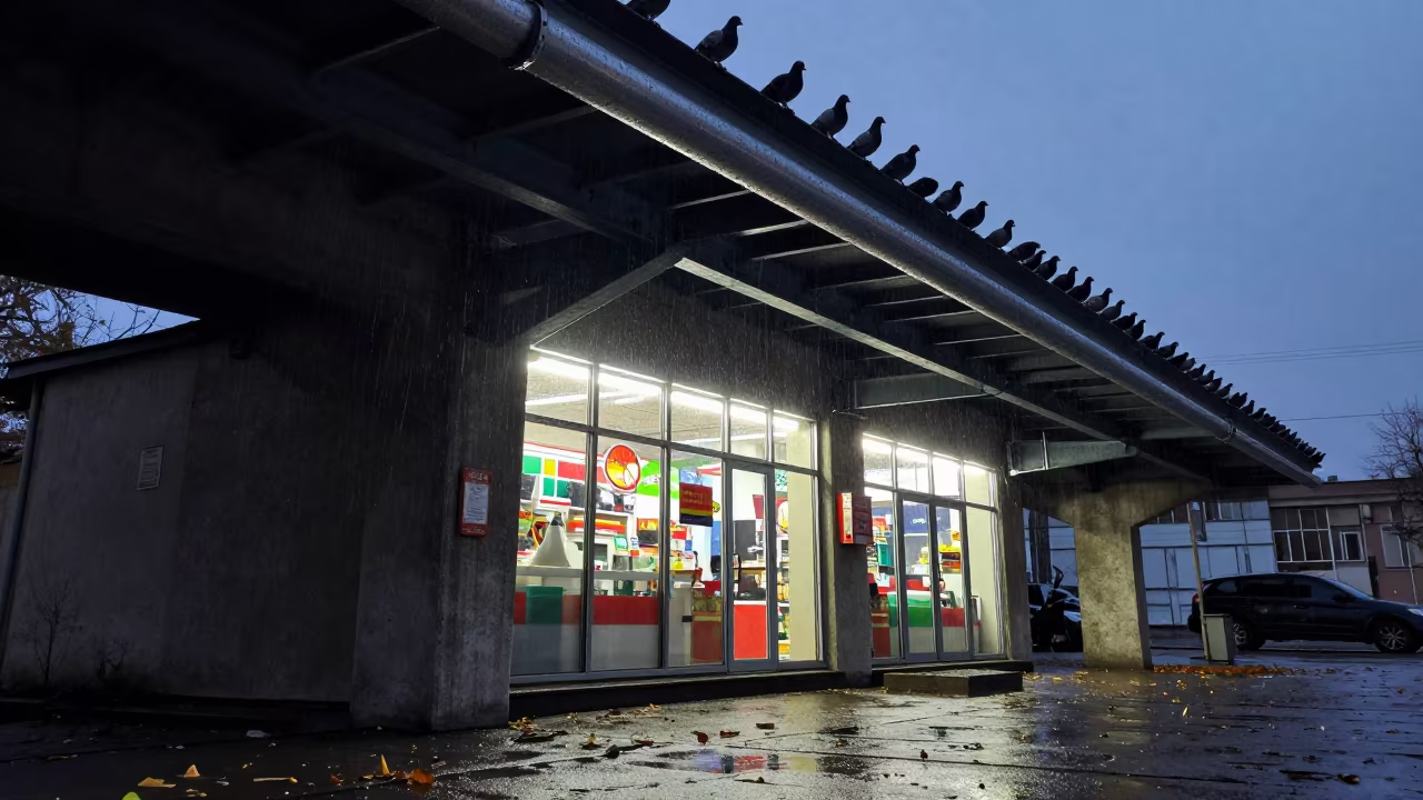 Pigeons Under Overpass at Aktau Twilight in outside a fluorescent convenience store in Aktau