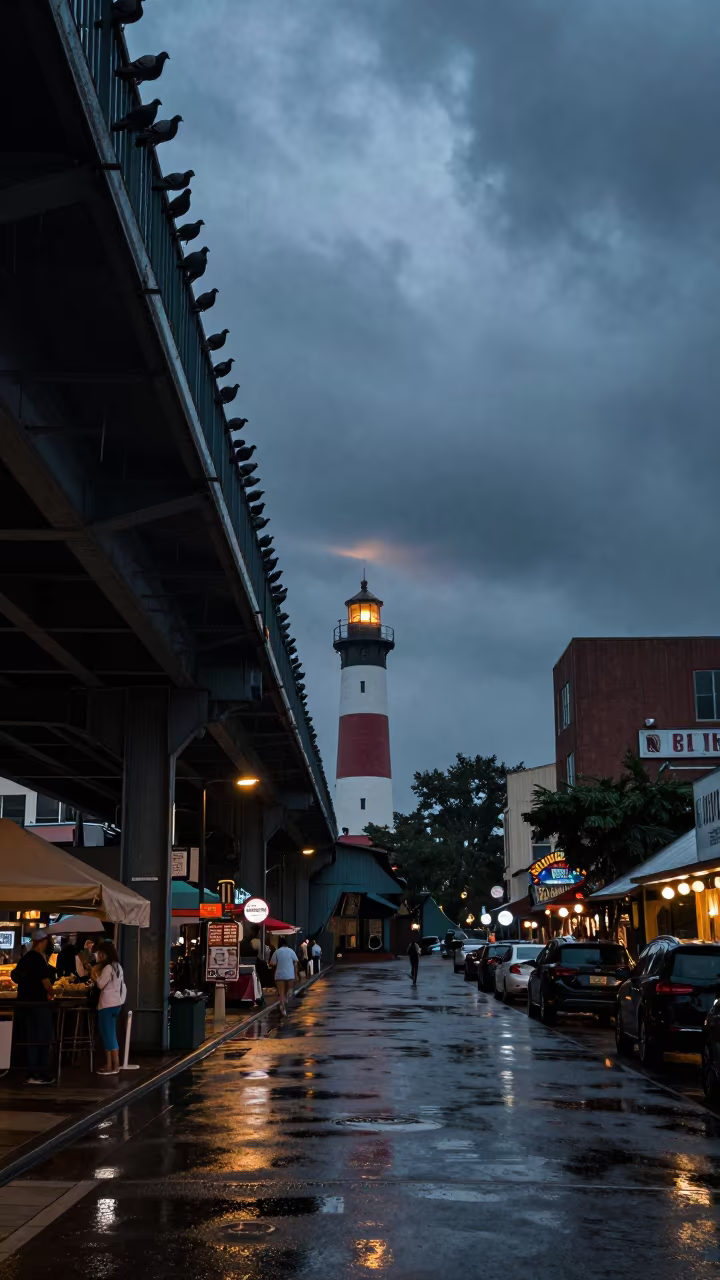 Pigeons Under Overpass in Dallas Predawn Rain in along a market-lined side street in Dallas