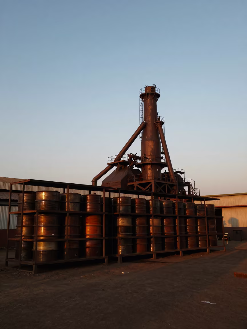 Pigment Drums Silhouetted Against Ikeja Furnace in beside a blast furnace near Ikeja