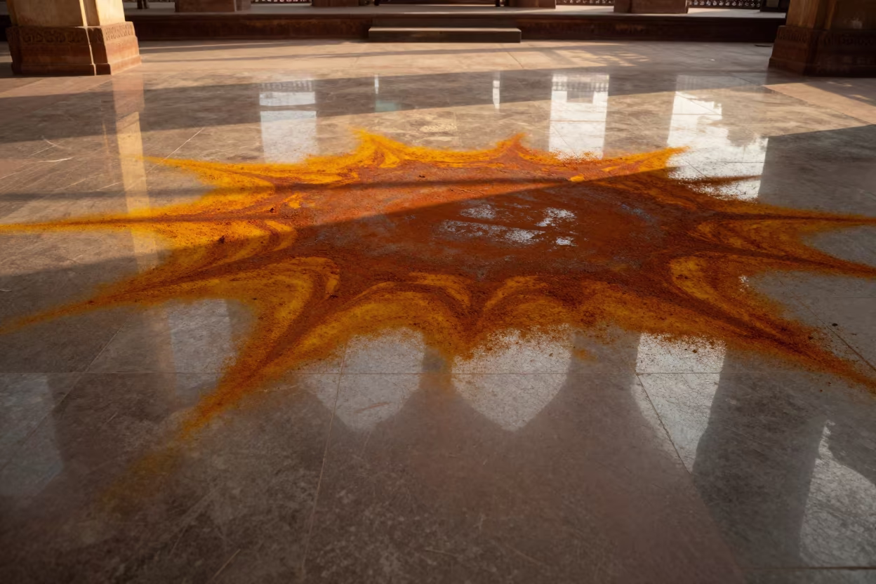 Pigment and Rust in Golden Atrium Light in inside a vaulted atrium near Ujjain