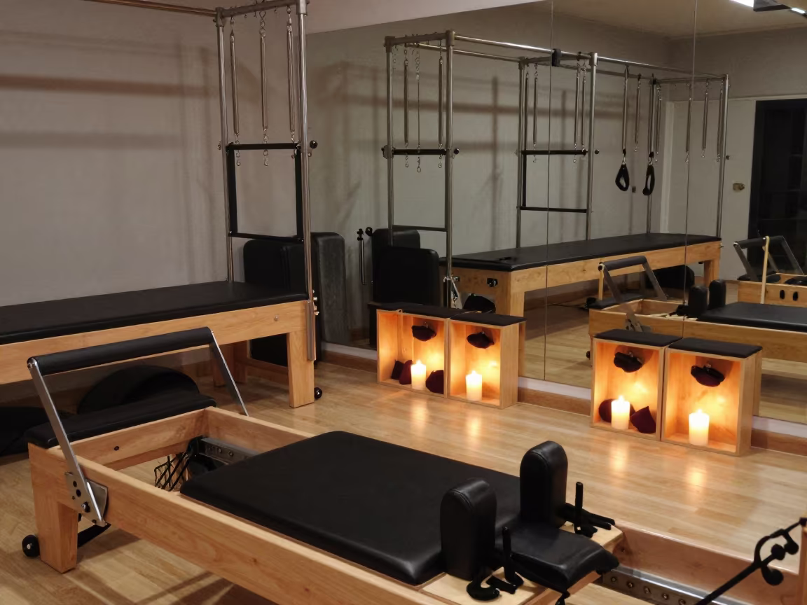 Pilates Reformer with Socks in Medan Studio in inside a mirrored studio cleared for class in Medan