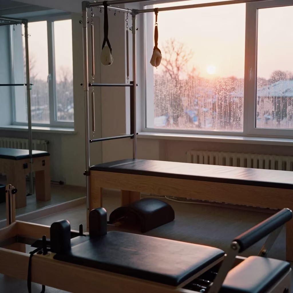 Pilates Reformer with Socks in Studio Before Session in inside a yoga studio before the session begins near Novosibirsk