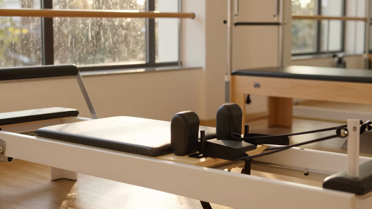 Pilates Reformer Straps in Morning Light in inside a barre room under soft morning light in Oumé