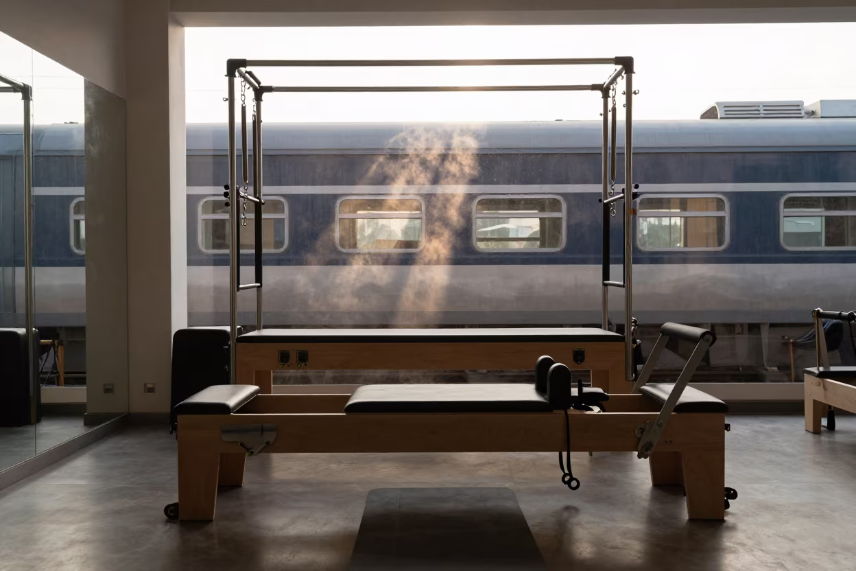 Pilates Reformer Train Car Dubai Studio in inside a yoga studio before the session begins in Deira, Dubai
