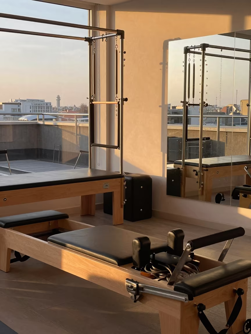 Pilates Reformers After Class Winter Light in inside a barre room under soft morning light in Kirkuk