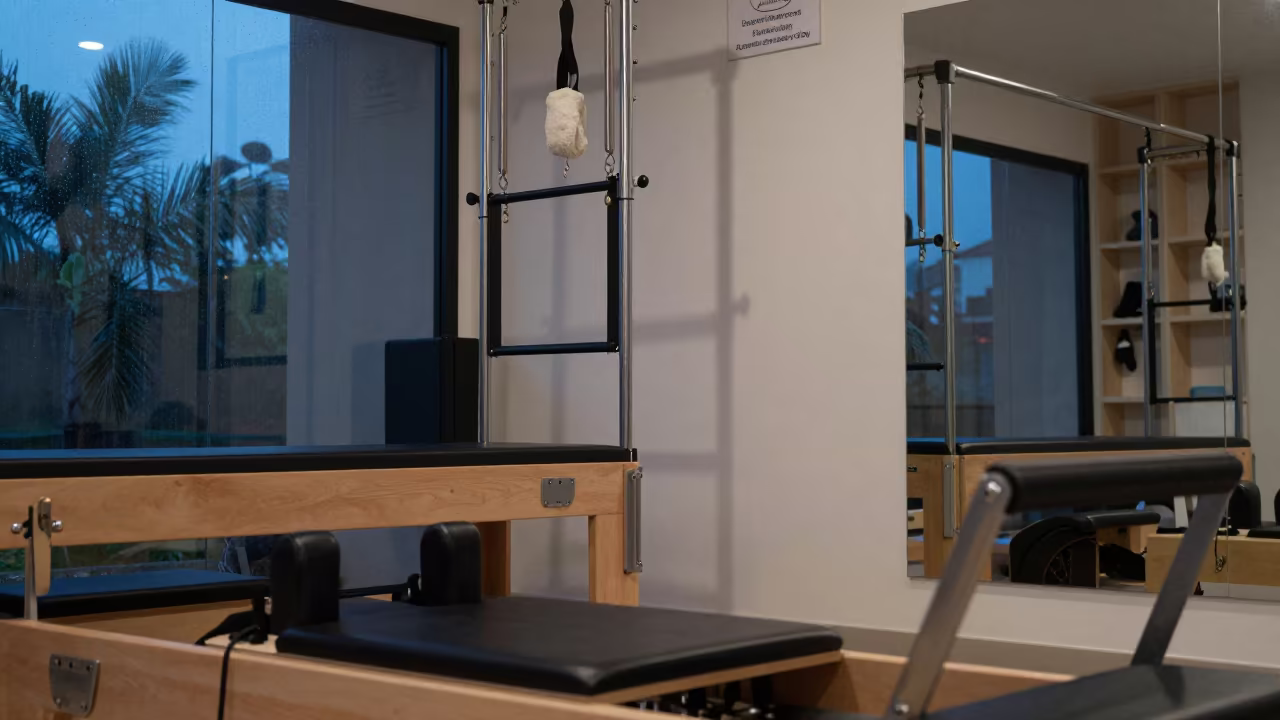 Pilates Reformers in Evening Studio Light in inside a mirrored studio cleared for class in Ferkessédougou