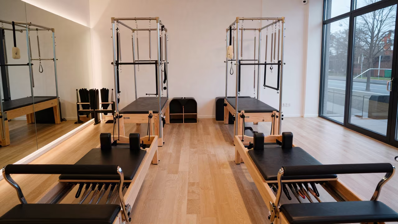 Pilates Reformers Neon Light Stuttgart Evening in inside a reformer studio with straps laid straight near Stuttgart
