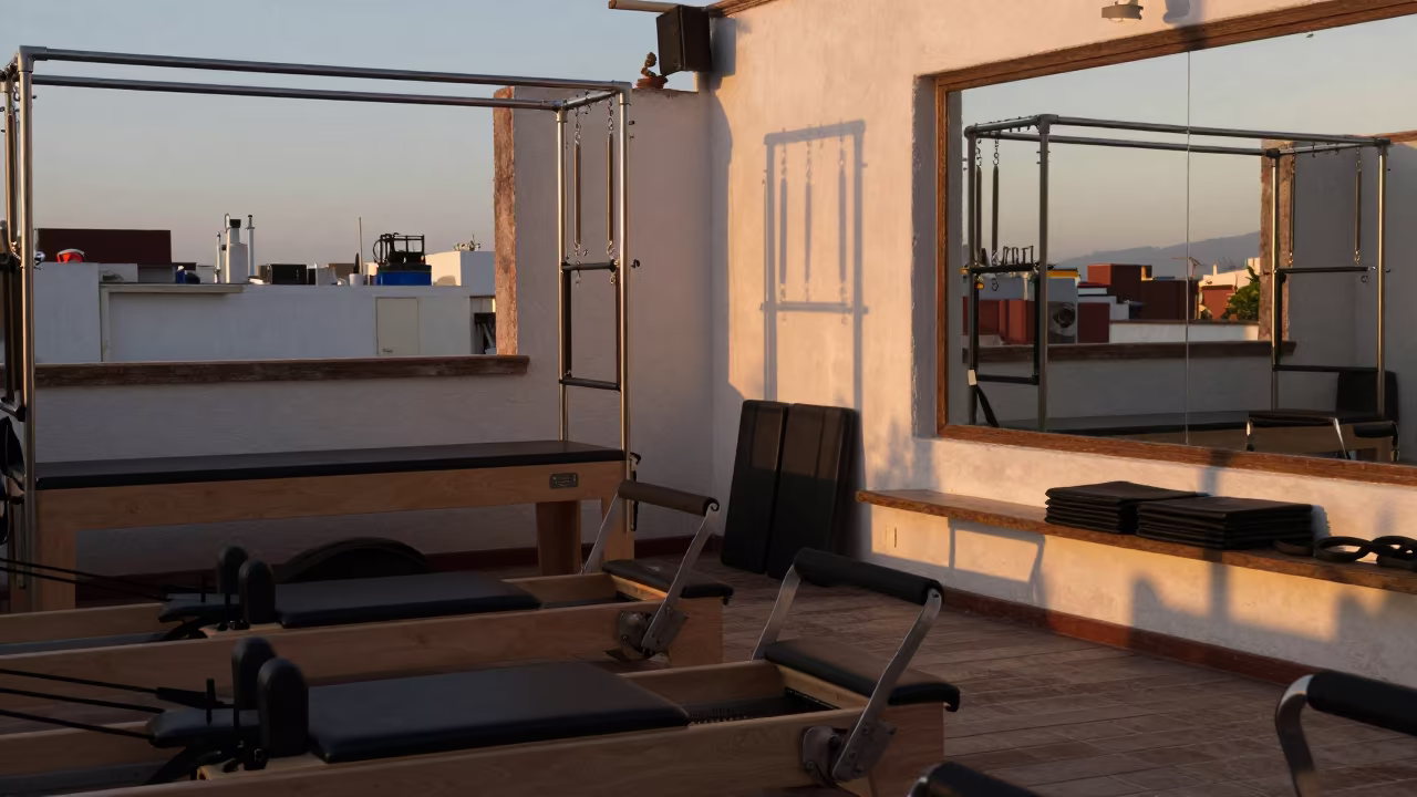 Pilates Reformers in Oaxaca Evening Light in inside a mirrored studio cleared for class in Oaxaca
