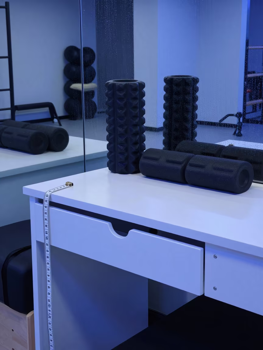 Pilates Studio Tape Measure Drawer Before Class in inside a recovery lounge beside foam rollers in Anyang