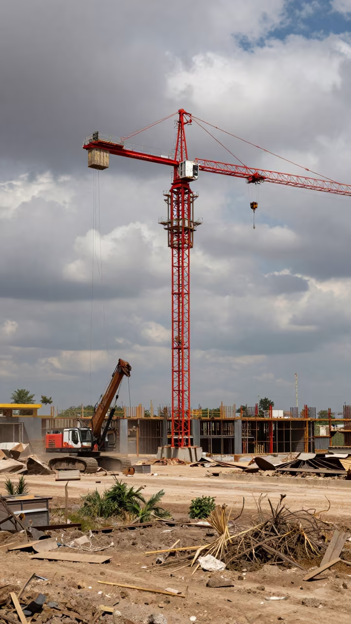Pile Driver Beneath Tower Crane in Maradi in beneath a tower crane on open ground in Maradi