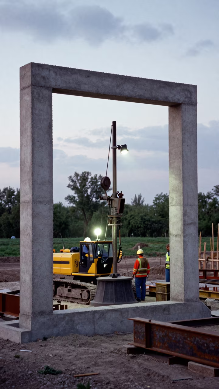 Pile Driver at Construction Site Uzbekistan Evening in beside a framed building shell in Uzbekistan