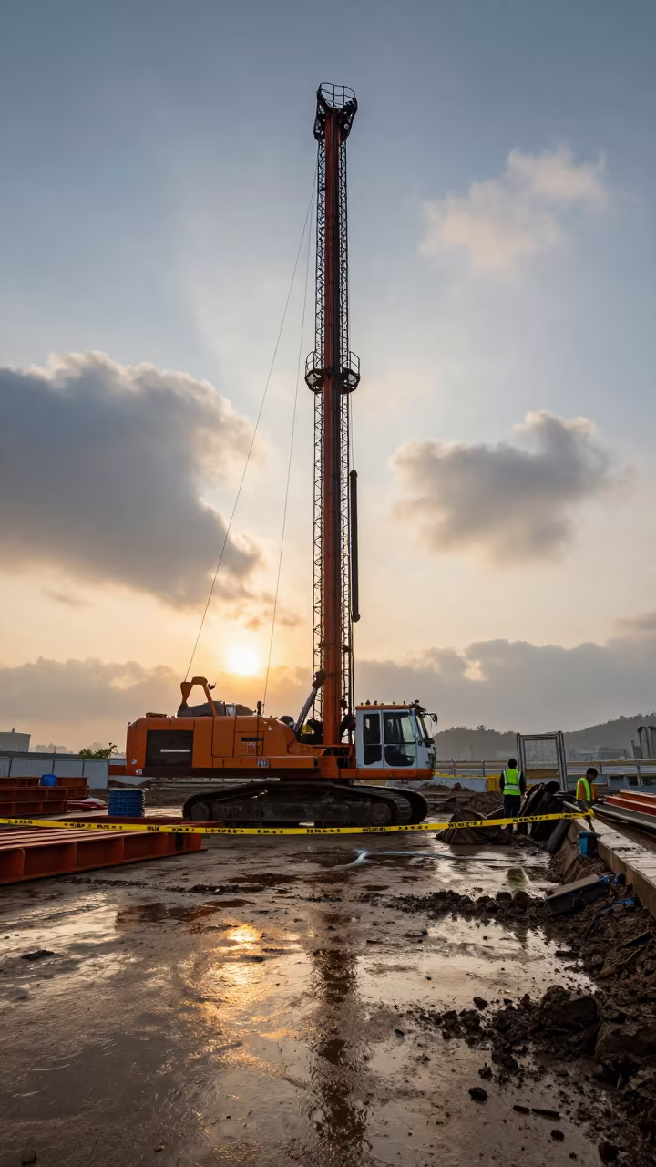 Pile Driver at Dawn in Macau Monsoon in inside a taped-off excavation edge near Macau
