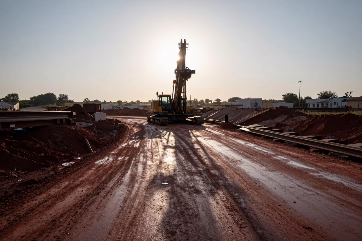 Pile Driver at Dawn on Muddy Puglia Road in at a muddy site access road in Puglia