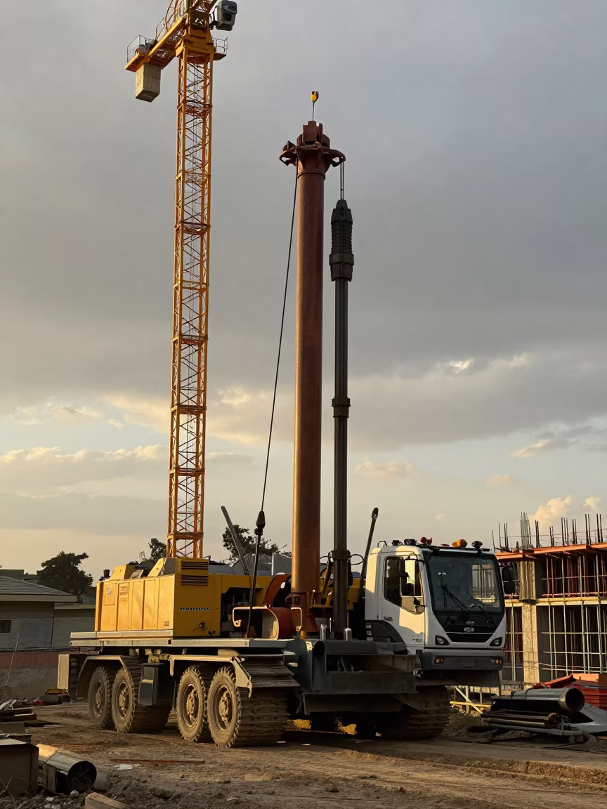 Pile Driver at Golden Hour Entoto in beneath a tower crane on open ground near Entoto, Addis Ababa