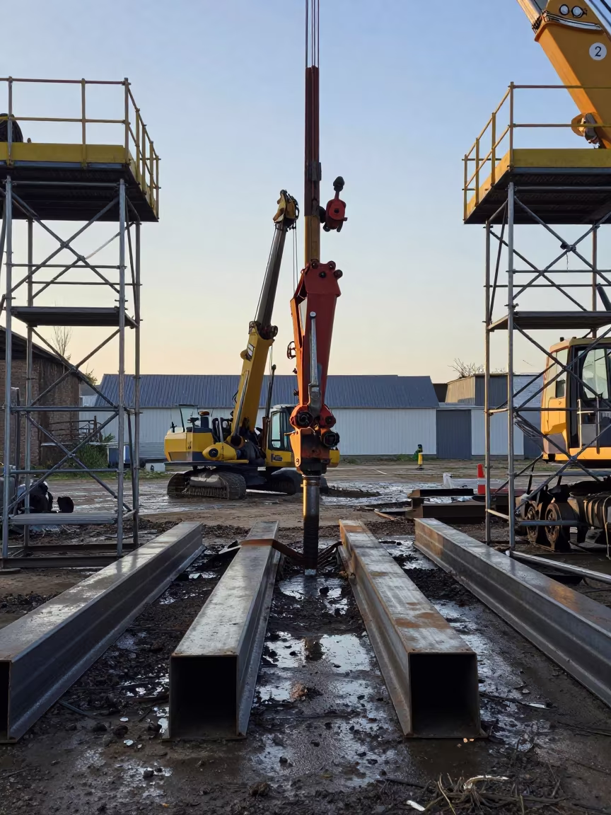 Pile Driver Hammering Steel Beams Near Golcuk in on a scaffold platform near Gölcük
