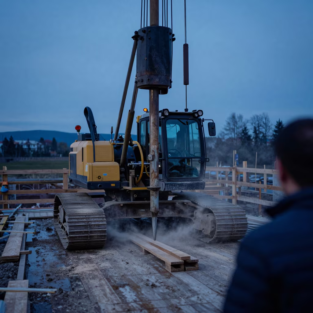 Pile Driver at Twilight on Slovakian Construction Deck in on an active construction deck in Slovakia