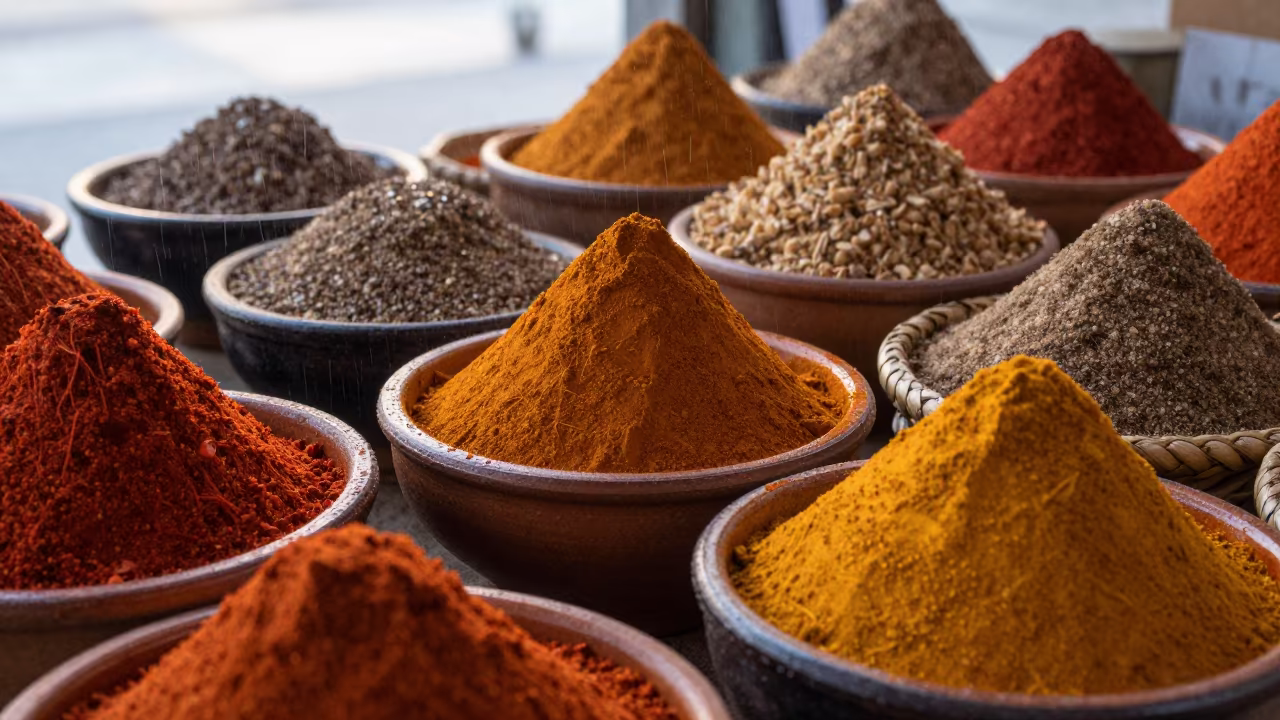 Piled Spice Powders in Jeju Dawn Market in in a covered bazaar aisle in Jeju