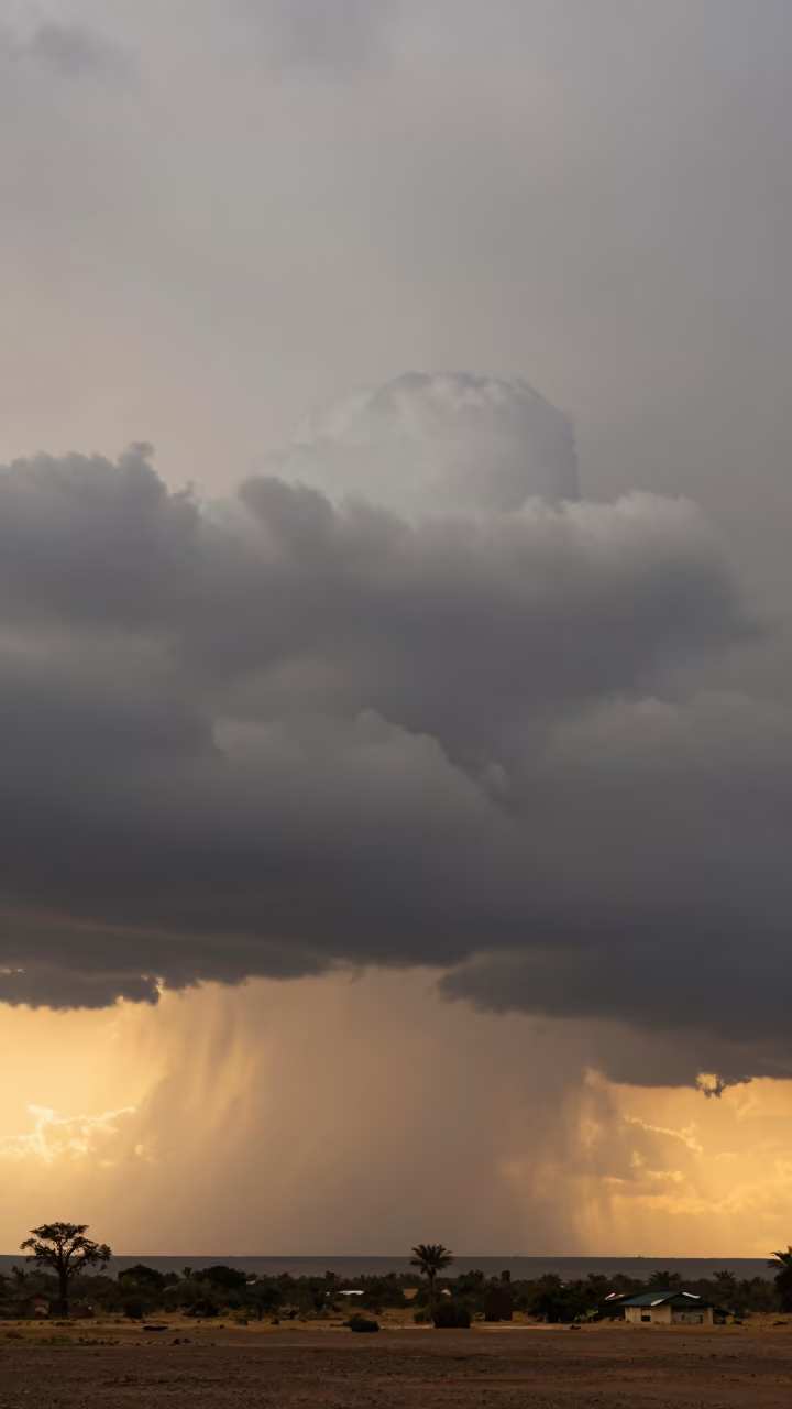 Pileus Cap Cloud Over Storm Thunderhead at Sunset in across a storm-bright plain near Nouakchott