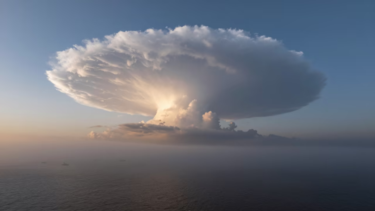 Pileus Cloud Over Thunderhead at Tianjin Dawn in through low marine fog near Tianjin
