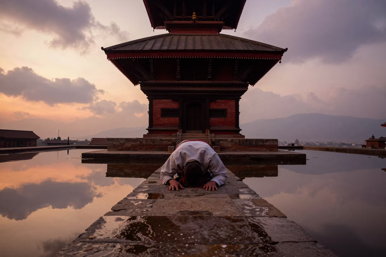 Pilgrim Prostrate on Mirror Water Under Pagoda in beneath a pagoda roof in Nepal
