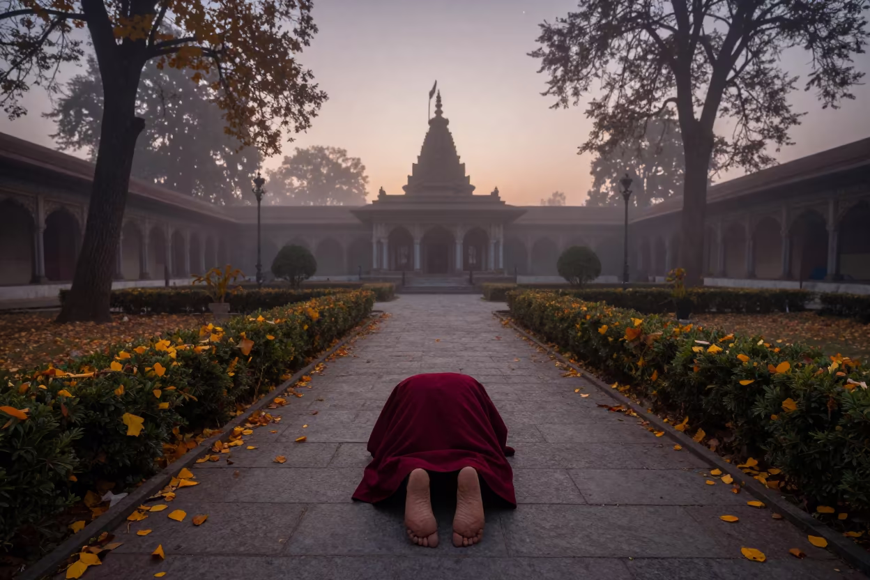 Pilgrim Prostrating on Stone Path at Dawn in Himachal in in a cloister garden in Himachal Pradesh