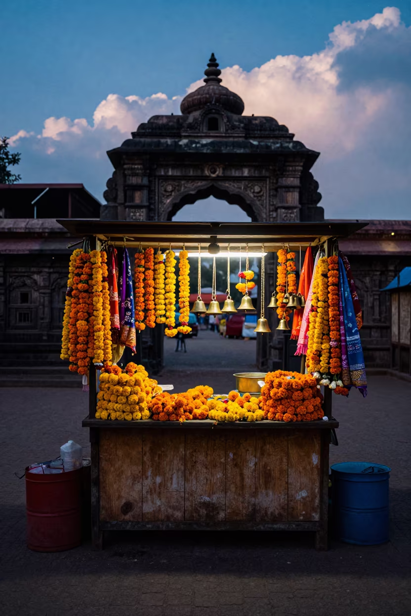Pilgrimage Souvenir Stall at Dawn Temple Gate in in a prayer hall near Mumbai