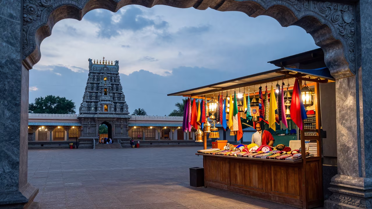 Pilgrimage Souvenir Stall at Tirunelveli Temple Gate in in a shrine lined with lanterns near Tirunelveli