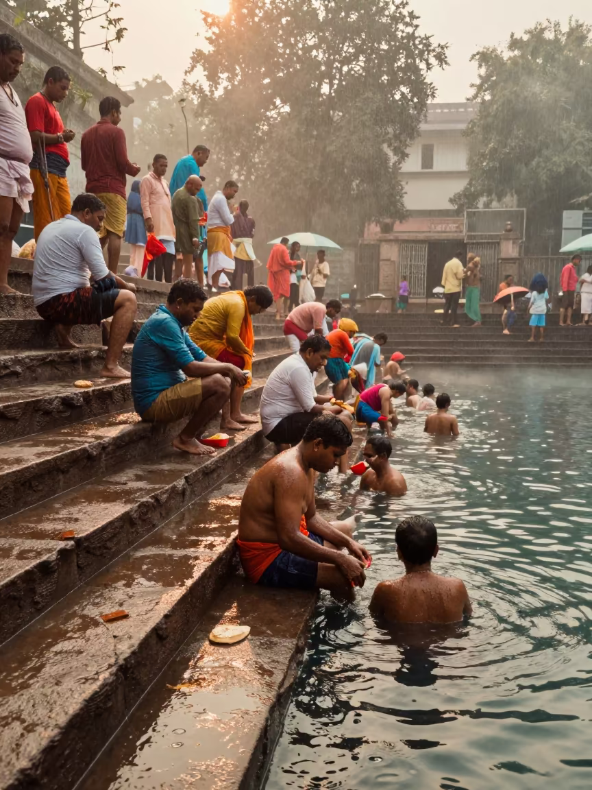 Pilgrims bathing at dawn on sacred pool steps in at the edge of a sacred pool in Esplanade, Kolkata