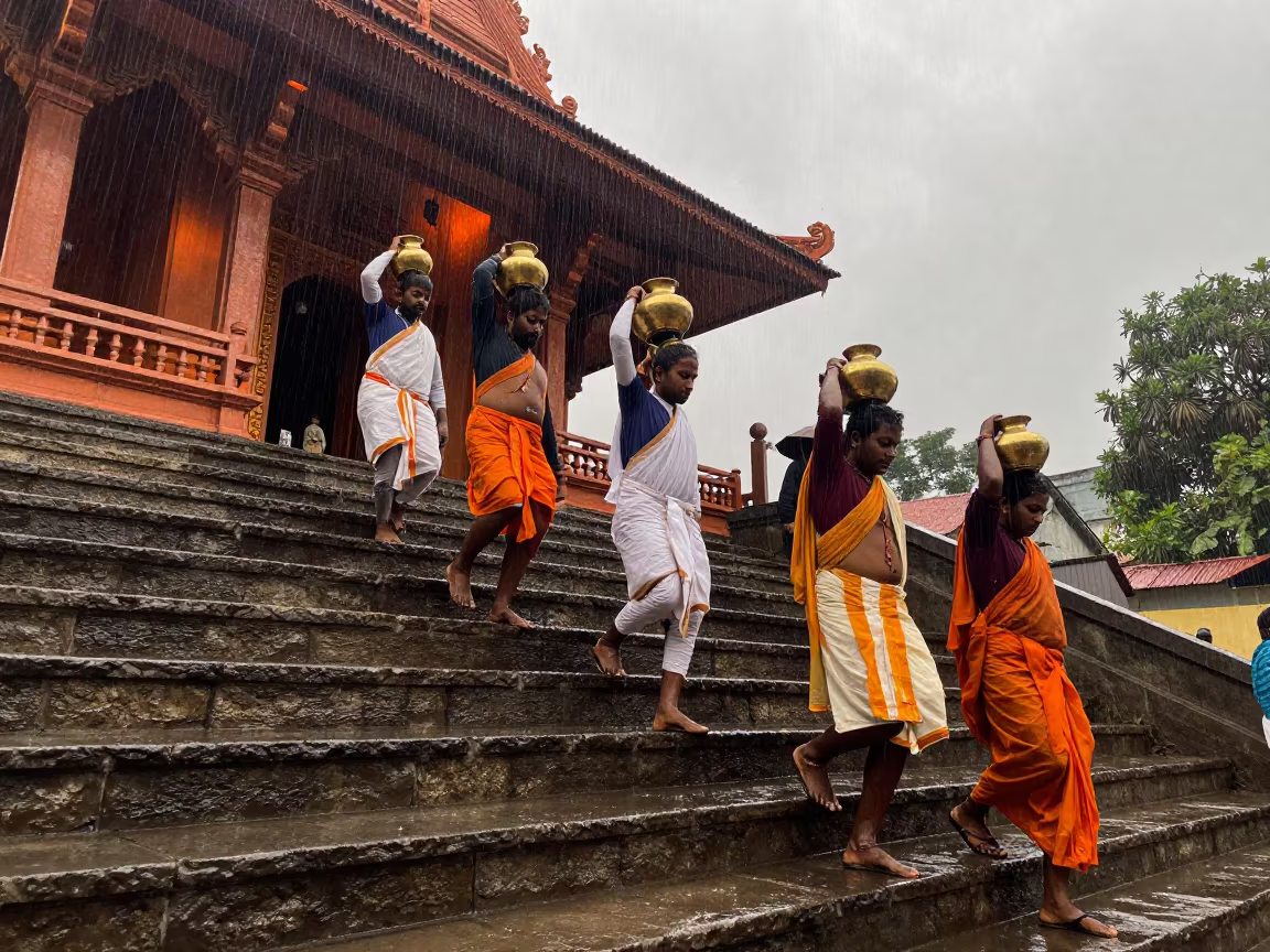 Pilgrims Carrying Brass Vessels Down Wet Ghats in beneath a pagoda roof in Sovabazar, Kolkata