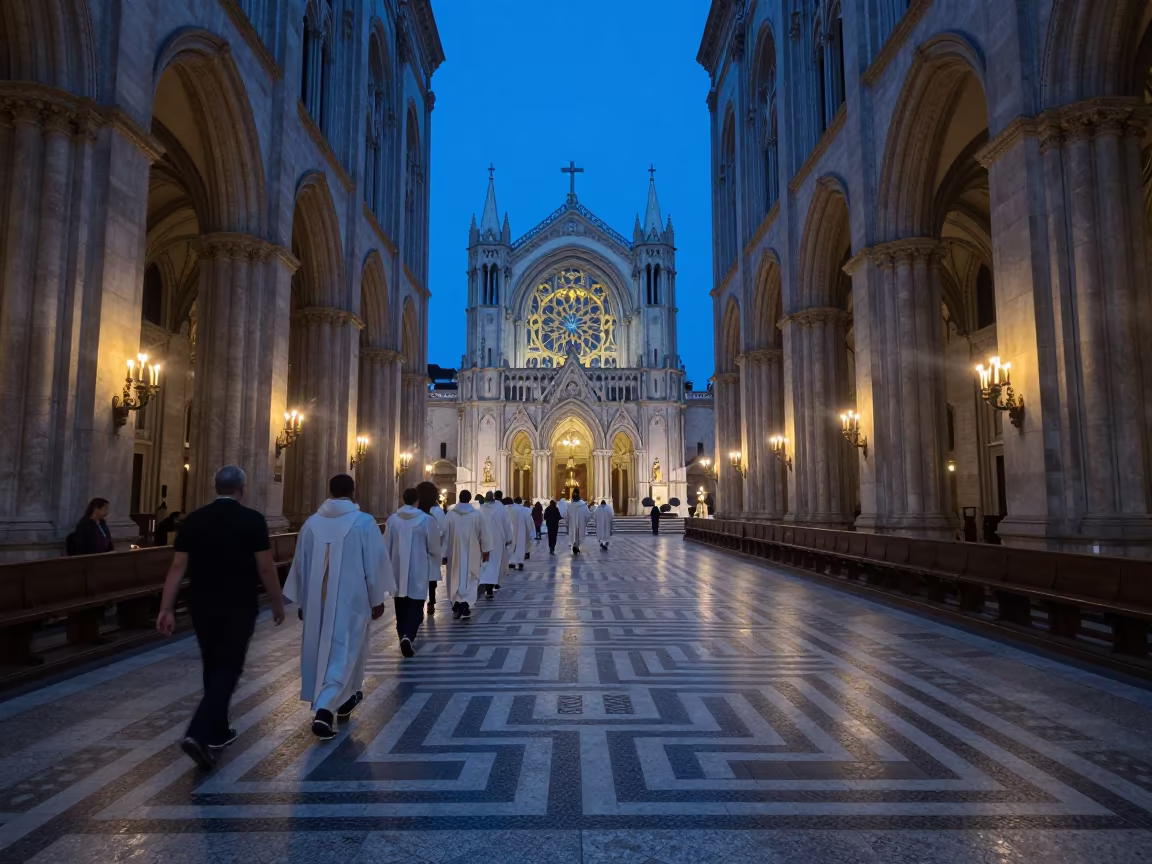 Pilgrims on Cathedral Labyrinth Floor in inside a candlelit nave in São Paulo