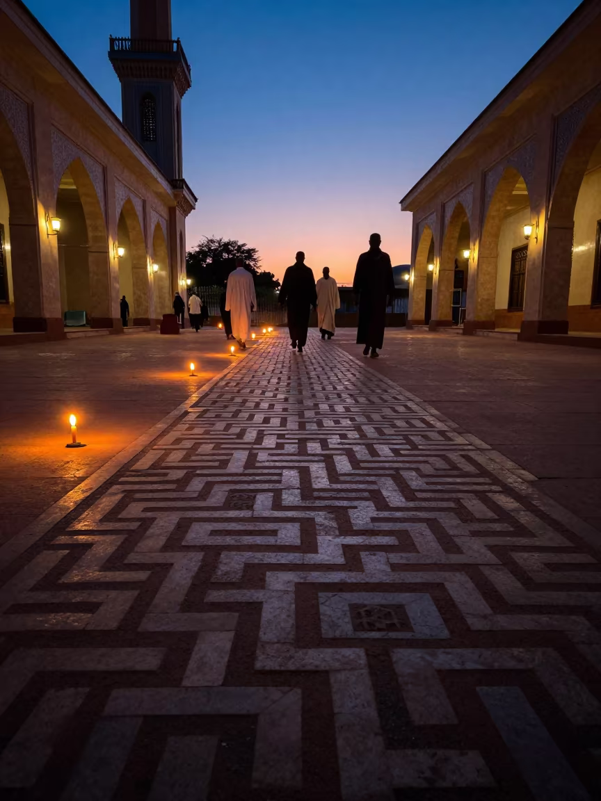 Pilgrims Walk Labyrinth on Mosque Floor Twilight in in a mosque prayer hall in Chililabombwe