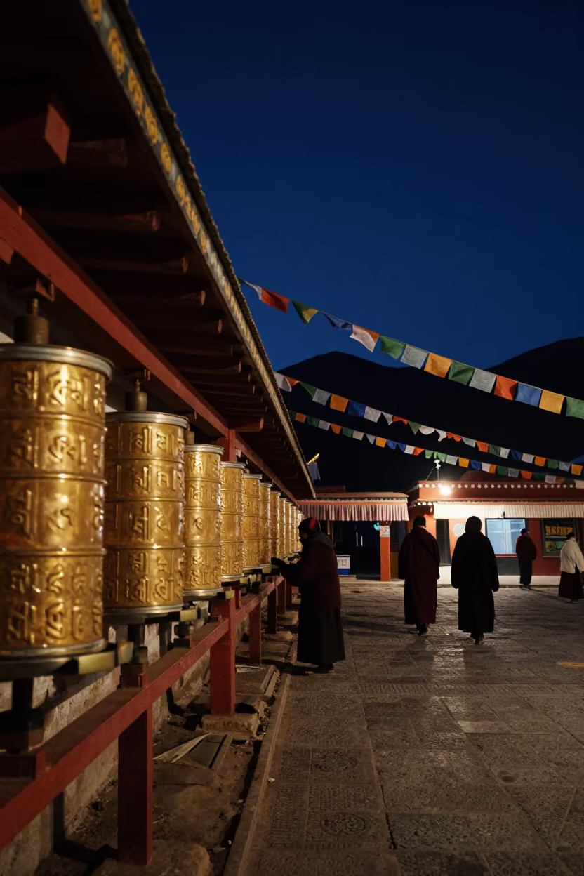 Pilgrims Spin Prayer Wheels Under Night Sky in along a high mountain pass beneath prayer flags near Lhasa