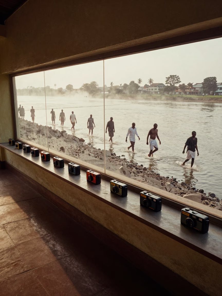 Pilgrims Wading Dawn Mist River Display Dar es Salaam in on a painted display ledge near Dar es Salaam