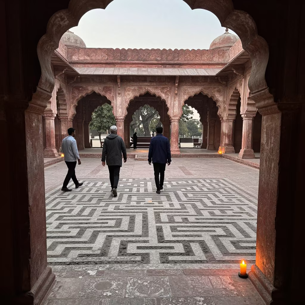 Pilgrims Walk Labyrinth on Cathedral Floor in inside a candlelit nave in Bahawalpur