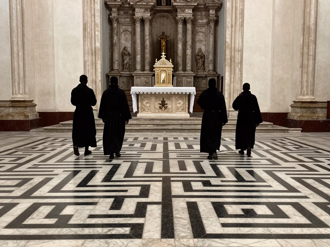 Pilgrims Walking Labyrinth Cathedral Floor Pinar del Rio in at the foot of a stone altar in Pinar del Río