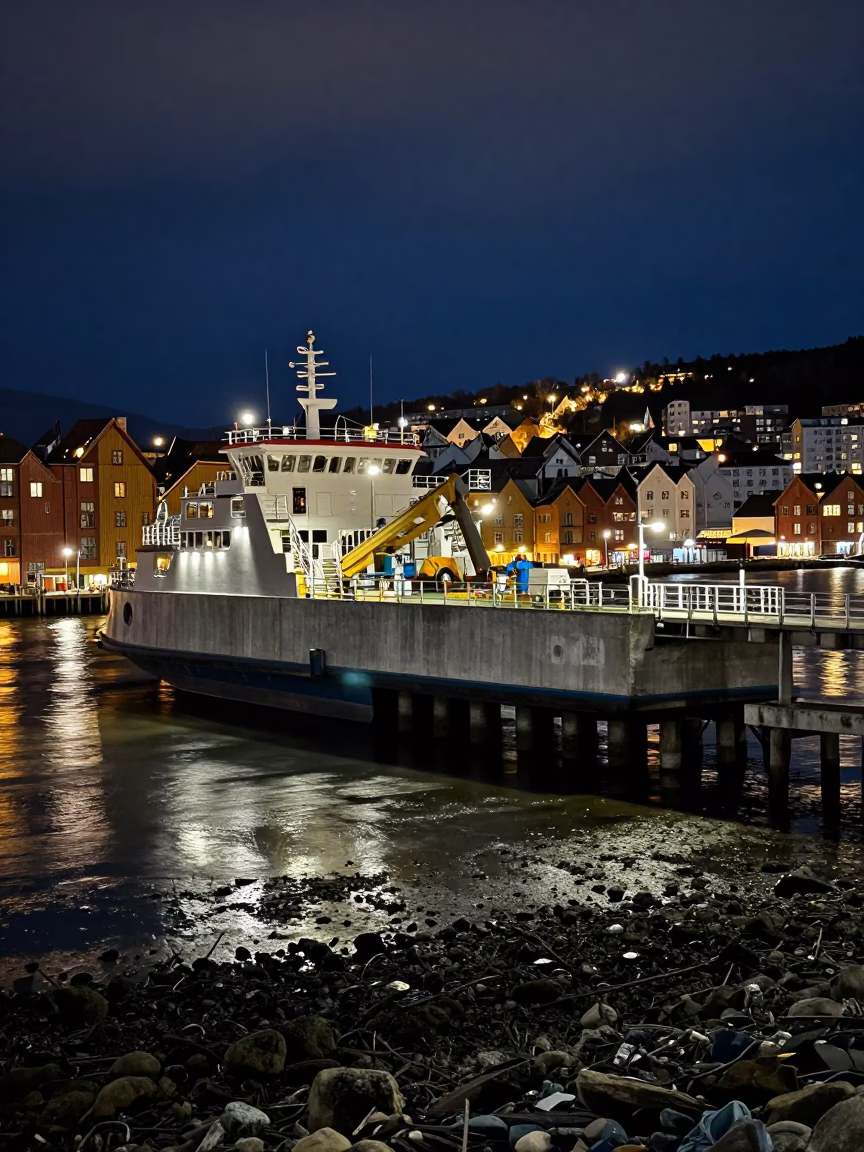 Piling System at Late At Night Light in Bergen in in Bergen, Norway