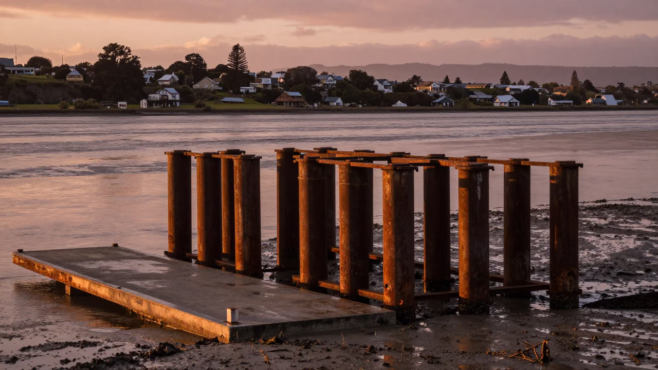 Piling System in Christchurch at Copper-toned Light Before Dusk in in Christchurch, New Zealand