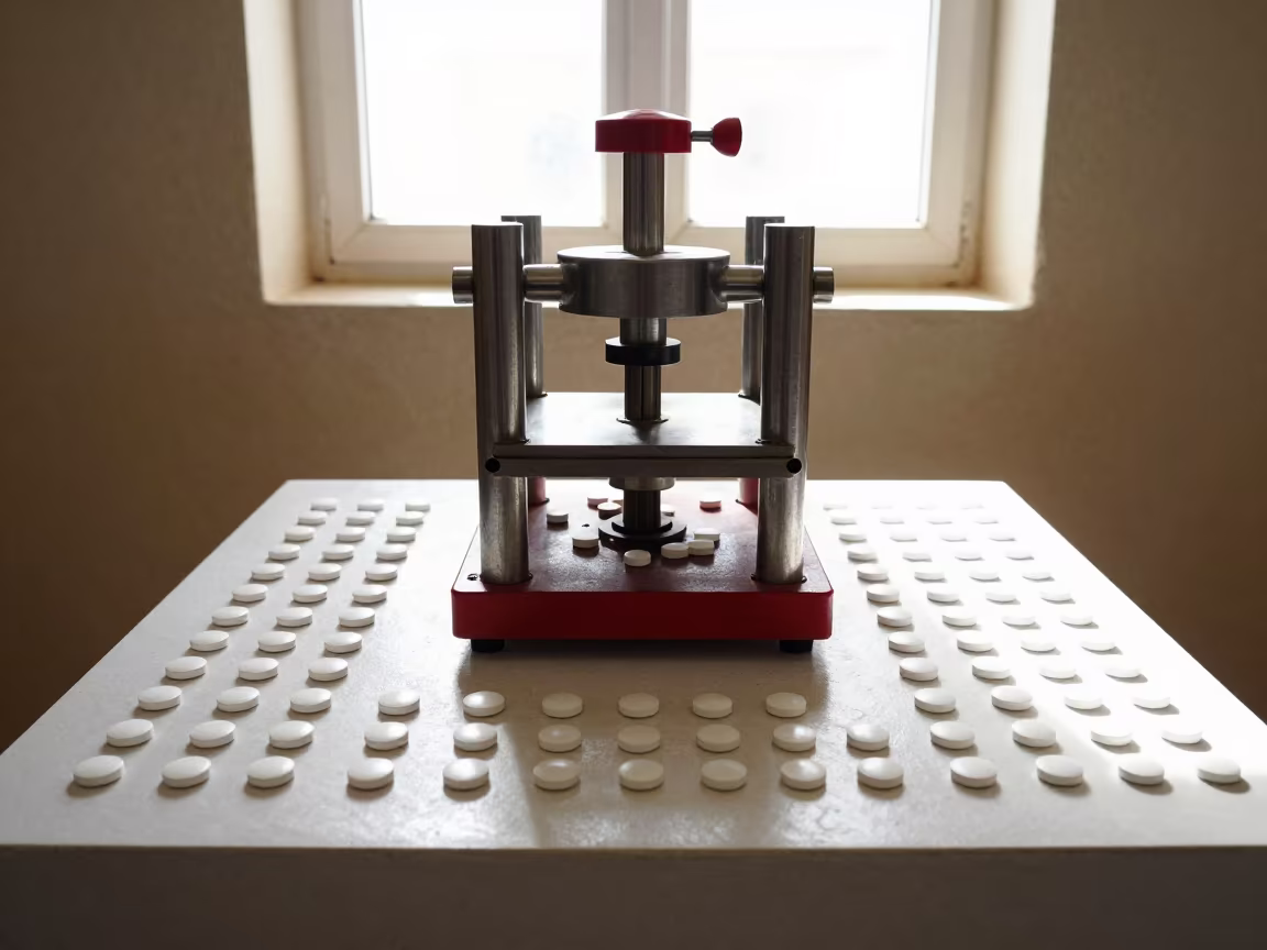 Pill Press Stamping Tablets Museum Plinth in on a museum plinth in Biskra