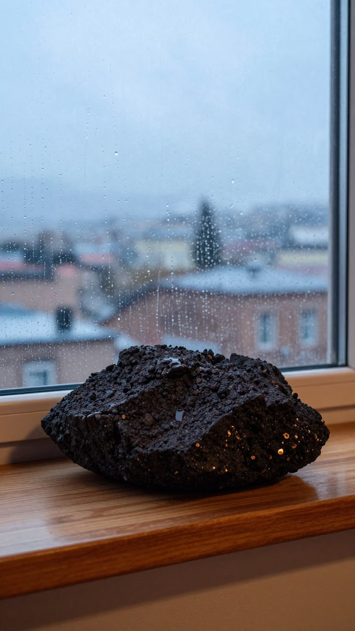 Pillow Lava Rock on Window Sill Near Tbilisi in beside a rain-streaked window near Tbilisi