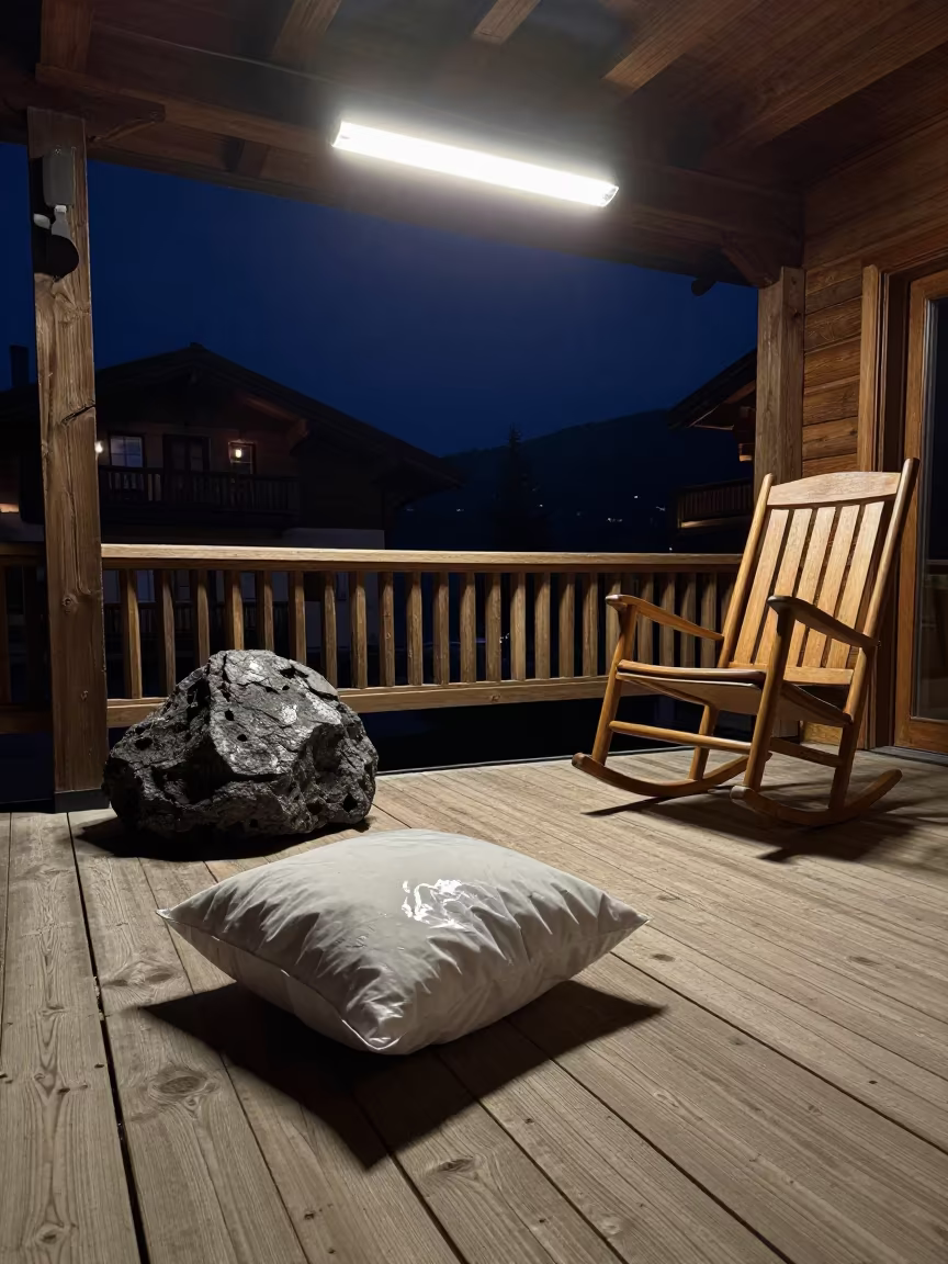 Pillow Lava Rock on Zermatt Porch Night in on a porch with a rocking chair in Zermatt