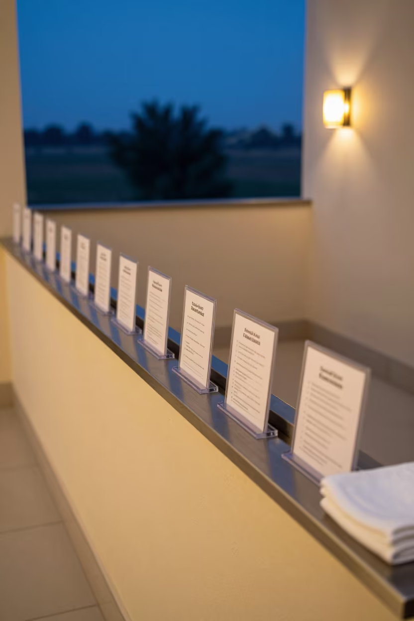 Pillow Menu Rail in Rawalpindi Corridor Blue Hour in in a quiet guest corridor near Rawalpindi