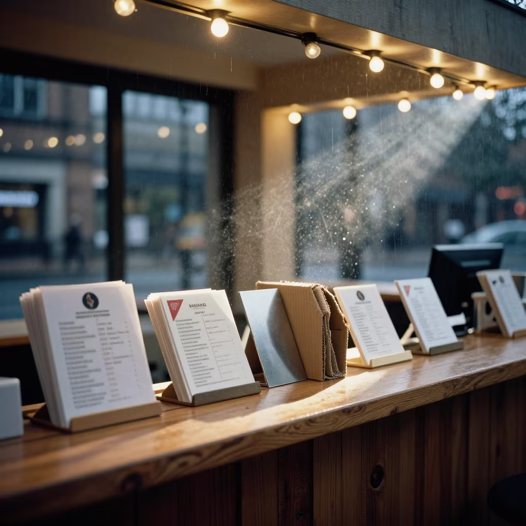 Pillow Menu Rail Under Warm Dawn Light in at a reception desk under warm light in Belfast