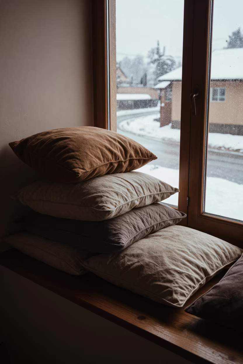 Pillow Pile on Windowseat Before Sunrise in Ouahigouya in in a sunlit living room in Ouahigouya
