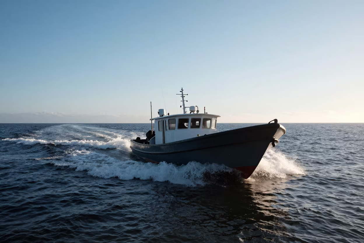 Pilot Boat Cutting Dawn Swells Near Nacala in along a switchback approach near Nacala