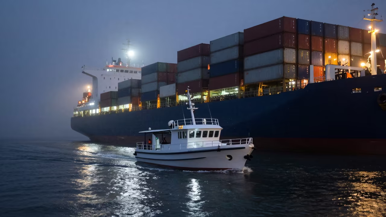 Pilot Boat Guides Container Ship Through Kerala Fog in beside a fogbound harbor mouth in Kerala